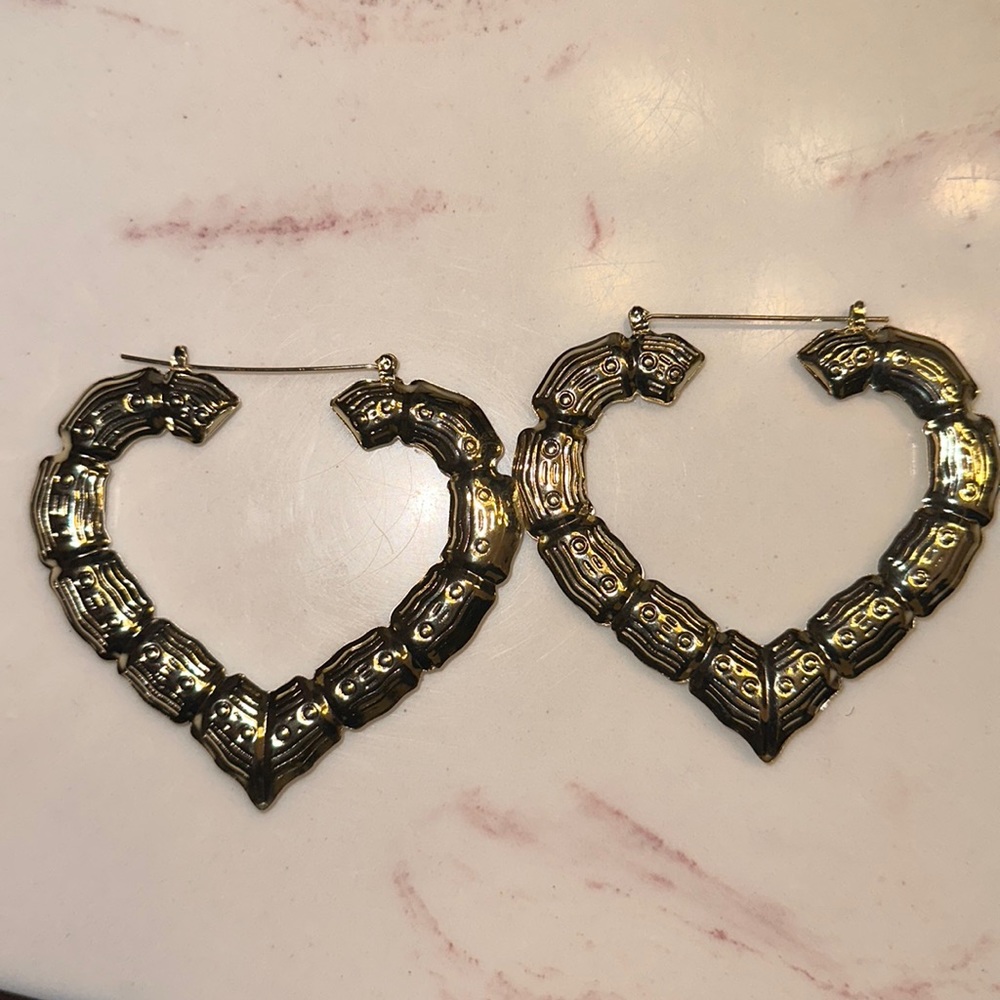 Gold heart shaped bamboo earrings 3.5 inch diameter